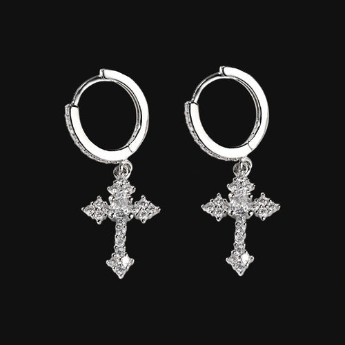 Iced Cross Drop Earrings – S925 White Gold Plated