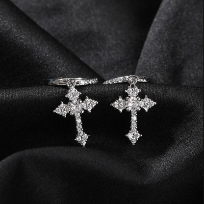 Iced Cross Drop Earrings – S925 White Gold Plated