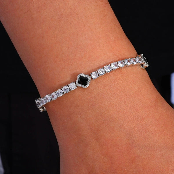 S925 Moissanite 4mm Iced Out Black Clover Tennis Bracelet – White Gold Plated