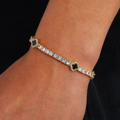 S925 Moissanite 4mm Iced Out Black Clover Tennis Bracelet – White Gold Plated