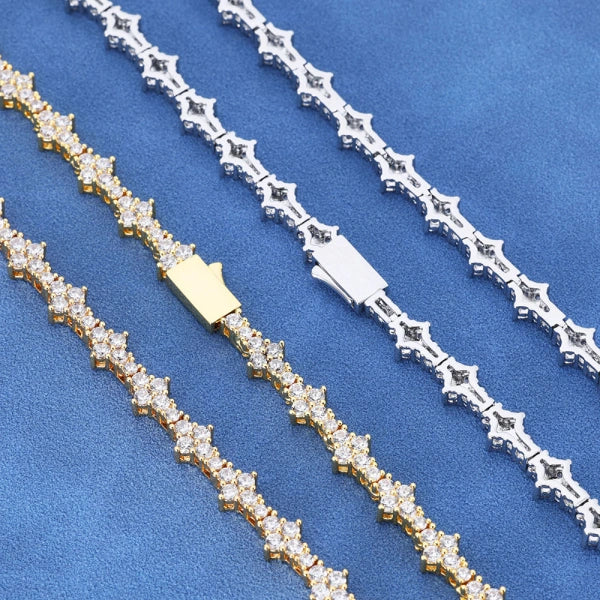 S925 Moissanite 3mm Iced Out Snowflake Tennis Chain – White Gold Plated