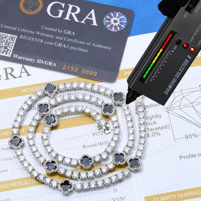 S925 Moissanite 4mm Iced Out Black Clover Tennis Chain – White Gold Plated