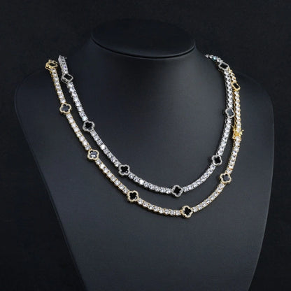 S925 Moissanite 4mm Iced Out Black Clover Tennis Chain – White Gold Plated