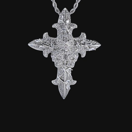 Iced Out Skull Cross Pendant – White Gold Plated