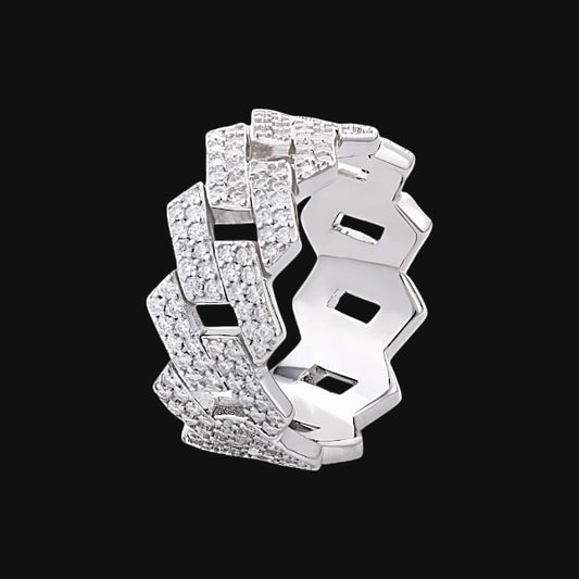 S925 Moissanite Iced Cuban Link Ring – White Gold Plated