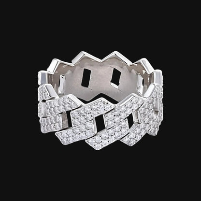 S925 Moissanite Iced Cuban Link Ring – White Gold Plated