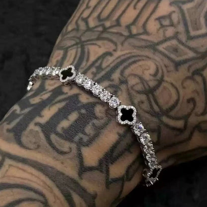 4 mm Iced Out Black Clover Tennisarmband – Weißgold plattiert