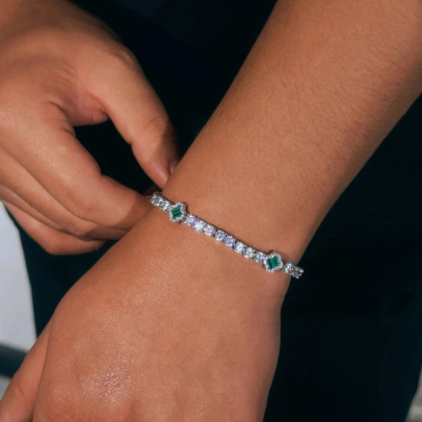 Bracelet tennis trèfle vert glacé 4 mm–Plaqué or blanc
