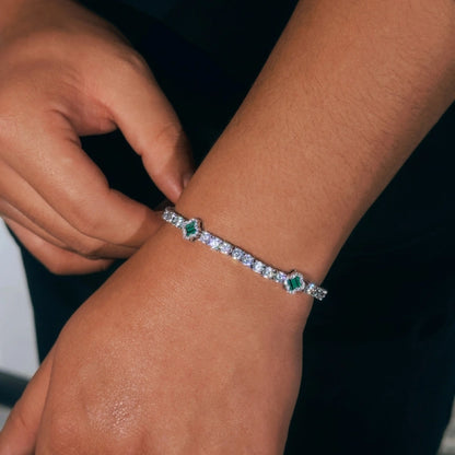 Bracelet tennis trèfle vert glacé 4 mm–Plaqué or blanc