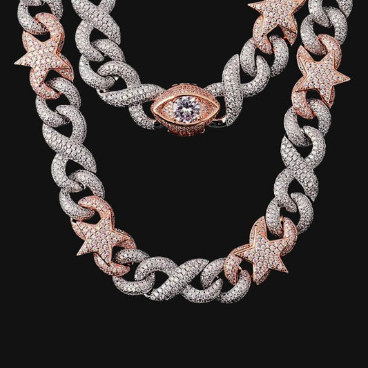 Iced Out Star & Link Cuban Chain – White Gold Plated