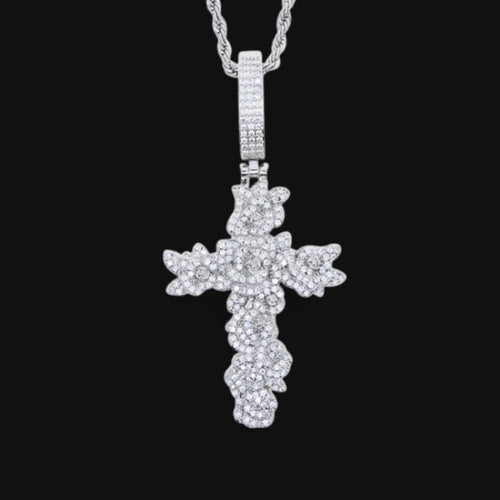 Frozen Flame Cross Pendant – White Gold Plated