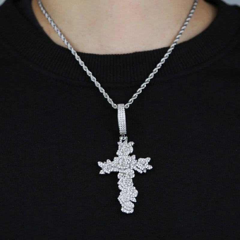 Frozen Flame Cross Pendant – White Gold Plated