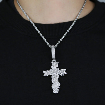 Frozen Flame Cross Pendant – White Gold Plated