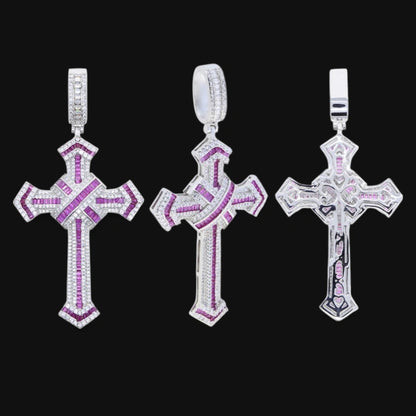 Multicolor Iced Cross Pendant – White Gold Plated