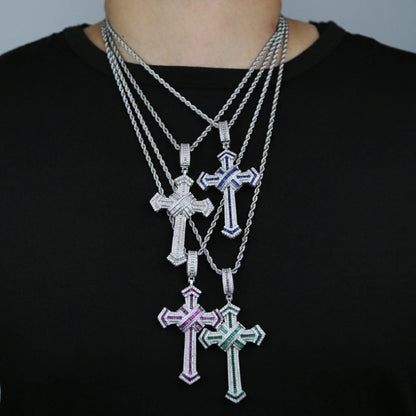 Multicolor Iced Cross Pendant – White Gold Plated