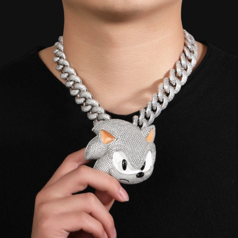 Large Iced Hedgehog Pendant – White Gold Plated