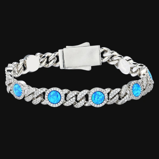 8mm Iced Out Blue Opal Cuban Bracelet - White Gold Plated