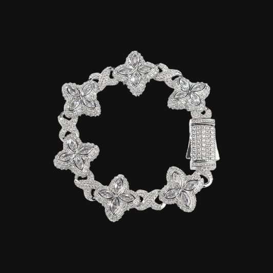Iced Out Floral Cuban Bracelet - White Gold Plated