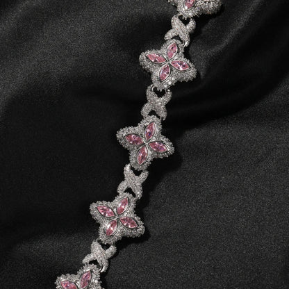 Iced Out blomster cubanske armbånd - hvidguld belagt