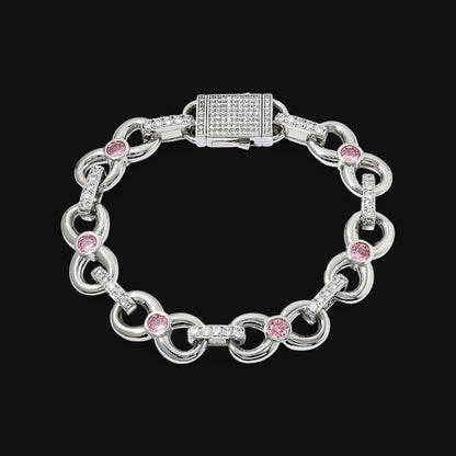 Iced Out Pink Gemstone Link armbånd - hvidguld belagt