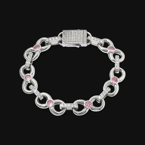 Iced Out Pink Gemstone Link armbånd - hvidguld belagt