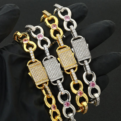 Iced Out Pink Gemstone Link armbånd - hvidguld belagt