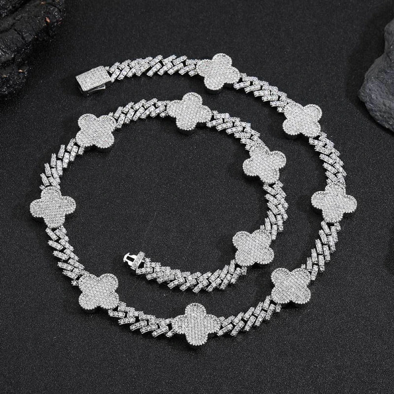 8mm Iced Out Four-Leaf Clover Chain – White Gold Plated