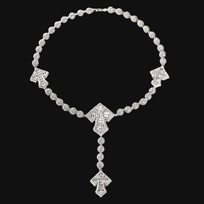 Iced Out Rosary Cross Necklace – White Gold Plated
