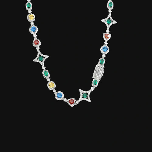 10mm Iced Out Multicolor Gemstone Tennis Chain – White Gold Plated