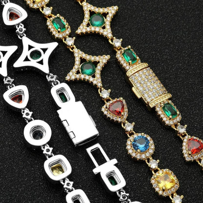 10mm Iced Out Multicolor Gemstone Tennis Chain – White Gold Plated