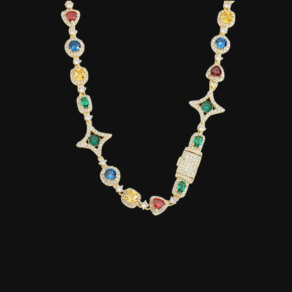10mm Iced Out Multicolor Gemstone Tennis Chain – White Gold Plated