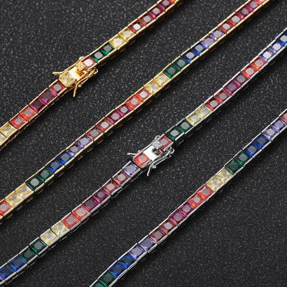 4 mm Iced Out Rainbow Baguette Tenniskette – Weißgold plattiert