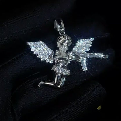 Iced Out AK Angel Pendant -  White Gold Plated