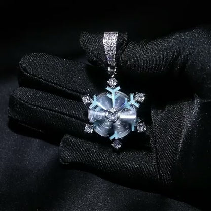 Iced Out Glow-in-the-Dark Spinning Snowflake Pendant - White Gold Plated