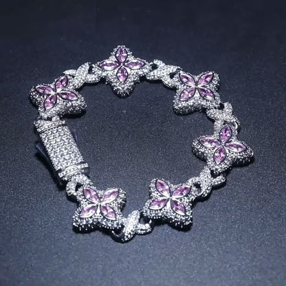 Iced Out blomster cubanske armbånd - hvidguld belagt